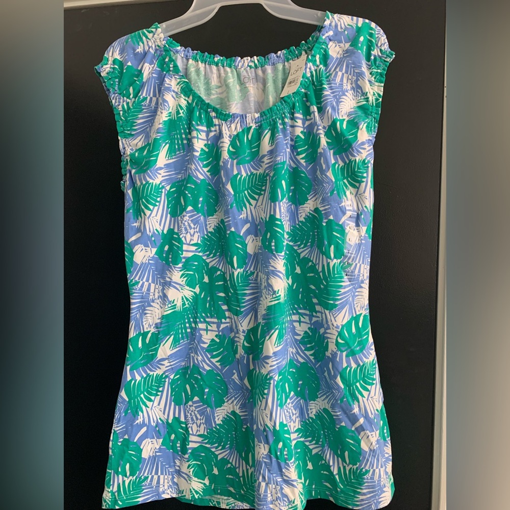 Loft blue green and white palm print shirt